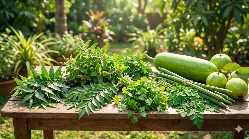 A variety of fresh vegetables and leaves harvested from the farm.