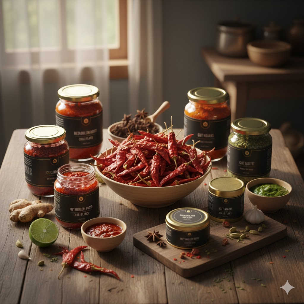 Chaitanya Blends - Premium Products specially curated for gut care, aromatic and flavorful blast to everyday boring meals. Chilli delights add power-packed metabolism to the life!  from The Chaitanya Group organic products